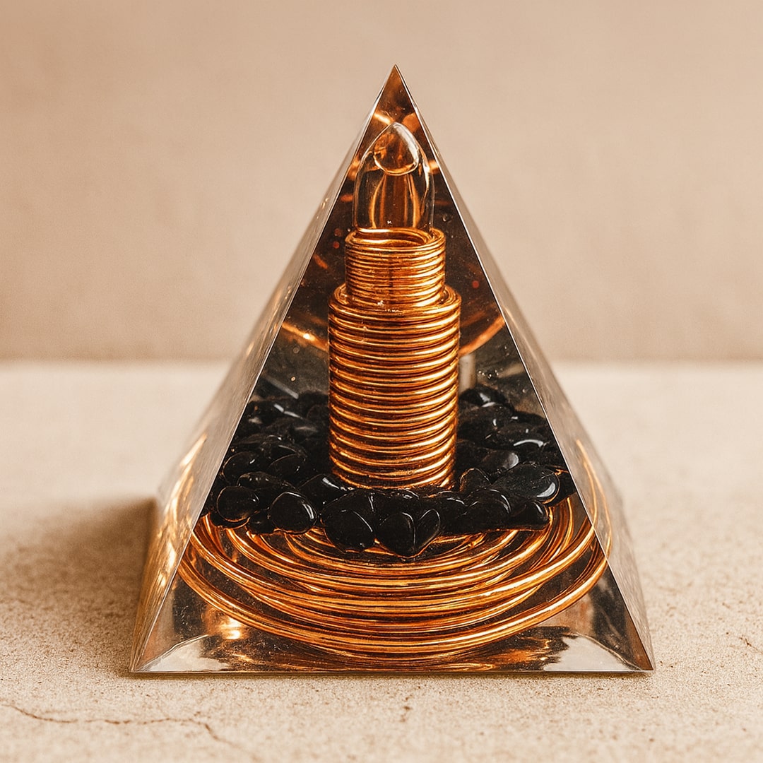 Obsidian 'Symbolic Protection' Orgonite pyramid with copper spiral and obsidian shards - KARMAKIND