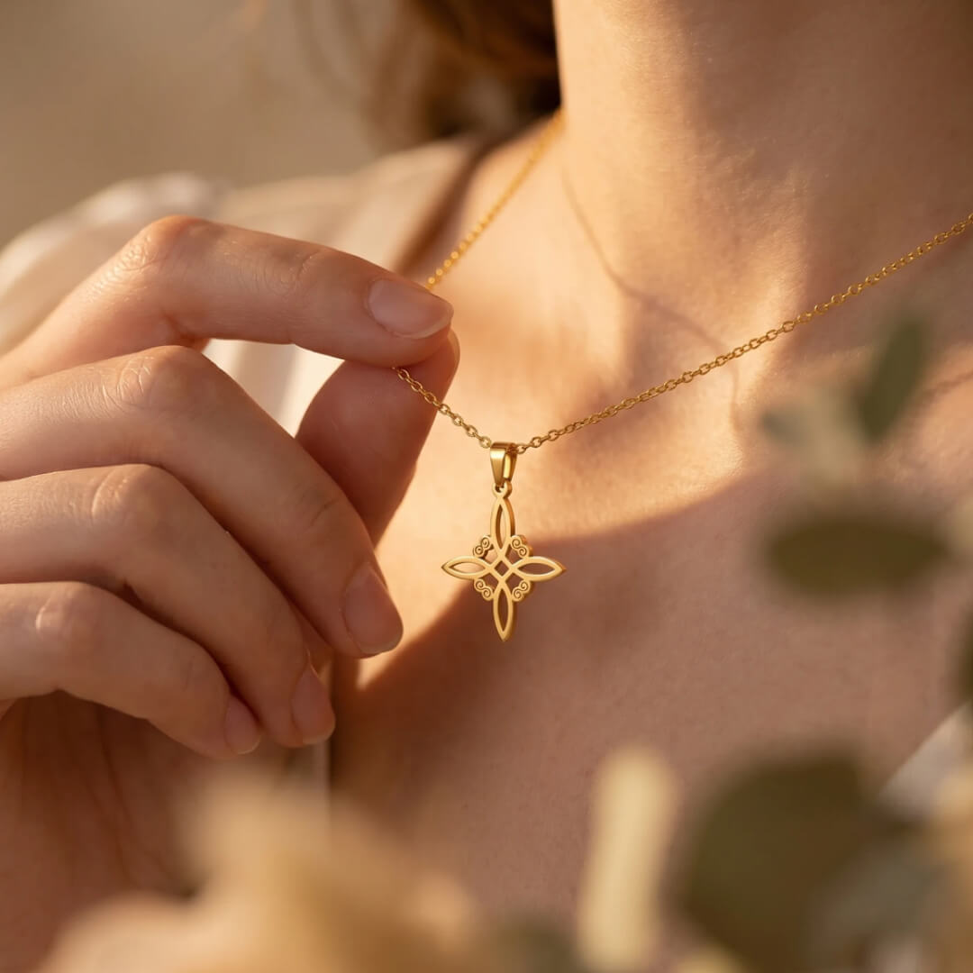 Close-up of the Witch's Knot pendant on the necklace - KARMAKIND