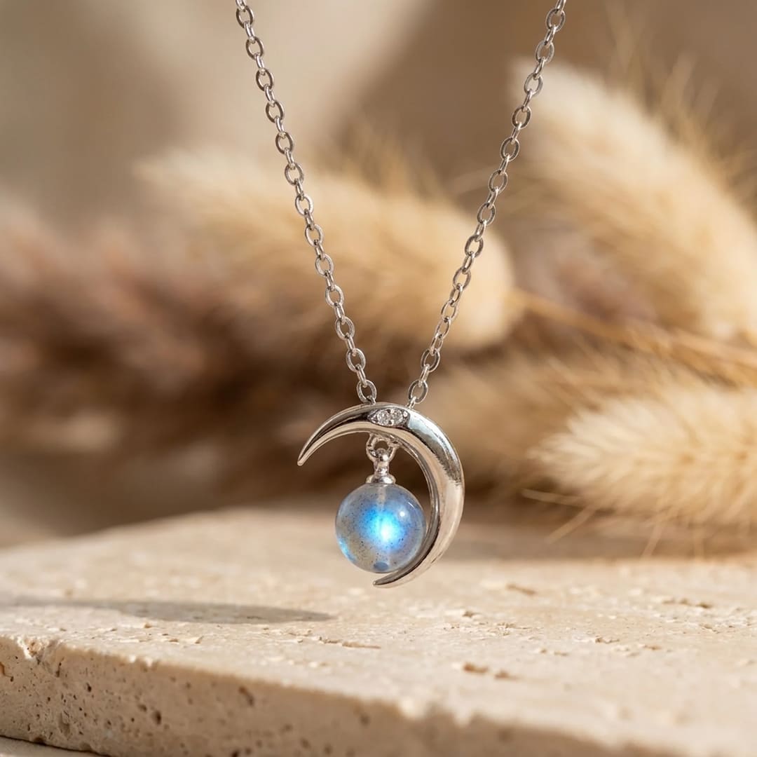 Silver crescent moon pendant holding a blue-flashing labradorite bead - KARMAKIND