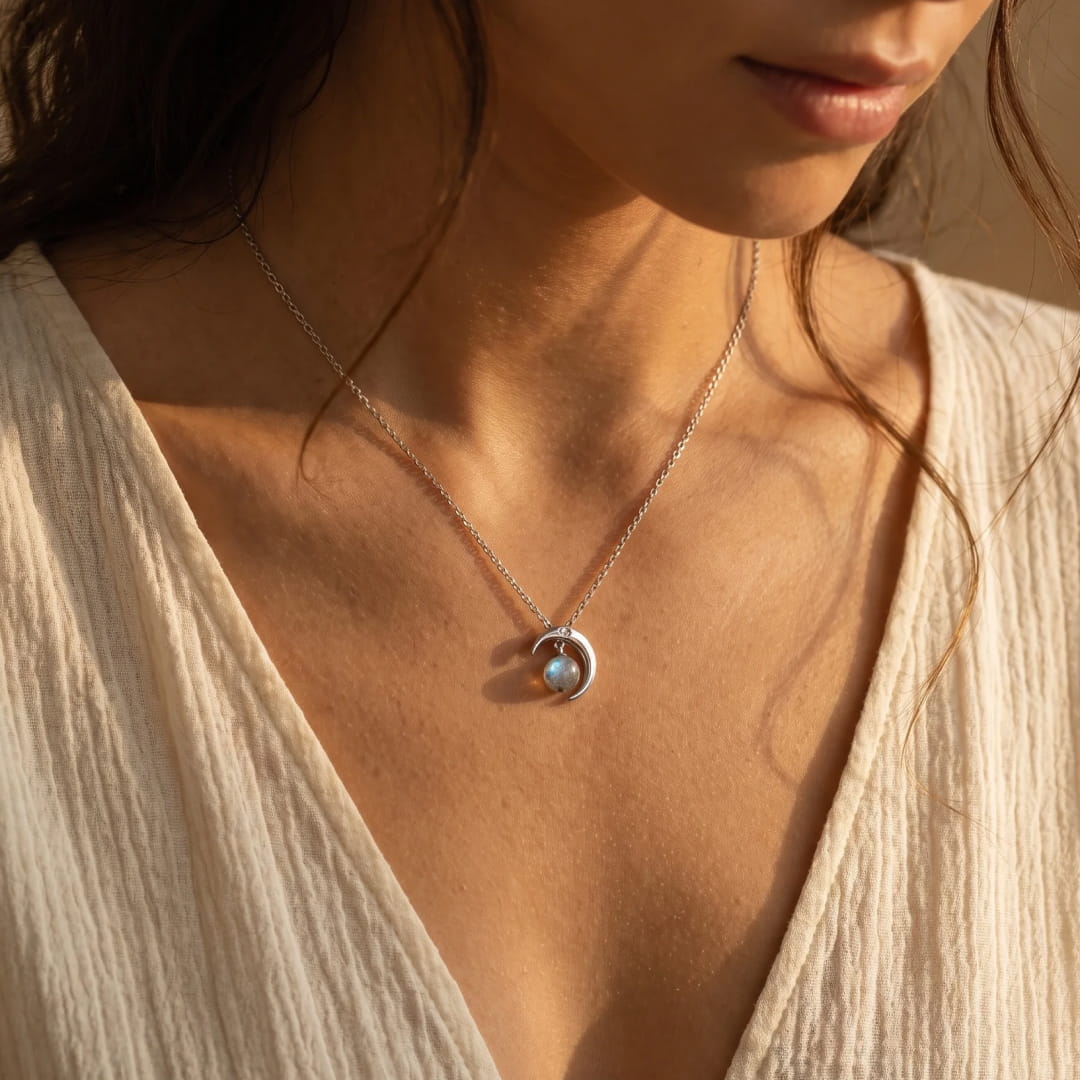 Close-up of the labradorite's blue iridescent flashes in moonlight - KARMAKIND