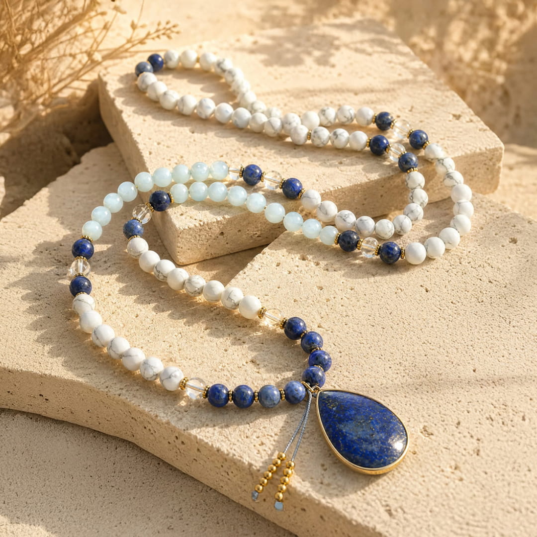 Mala Necklace Blue Serenity with Lapis Lazuli Aquamarine Howlite - KARMAKIND