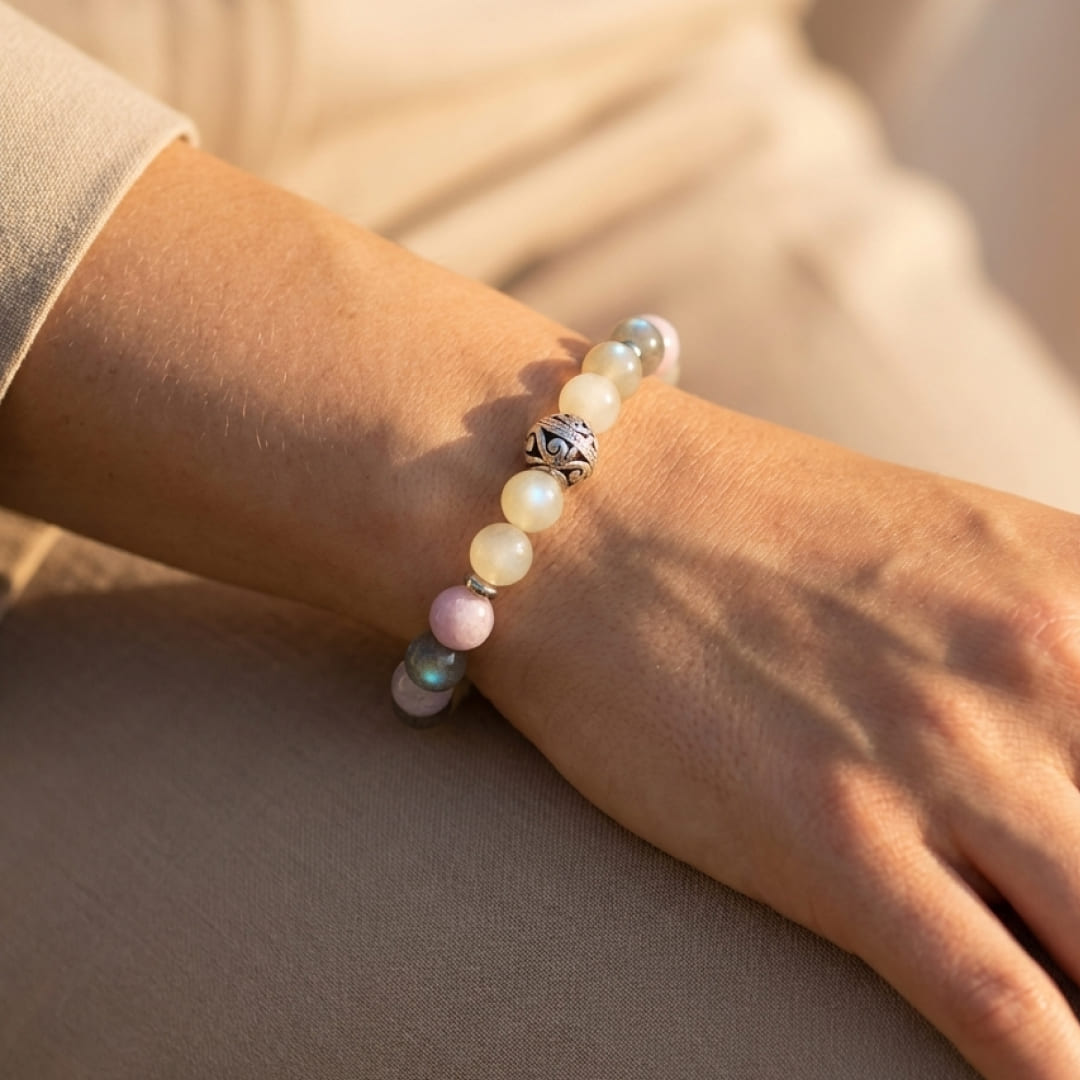 Close-up of the Feminine Softness Bracelet showcasing the unique gemstone colors - KARMAKIND