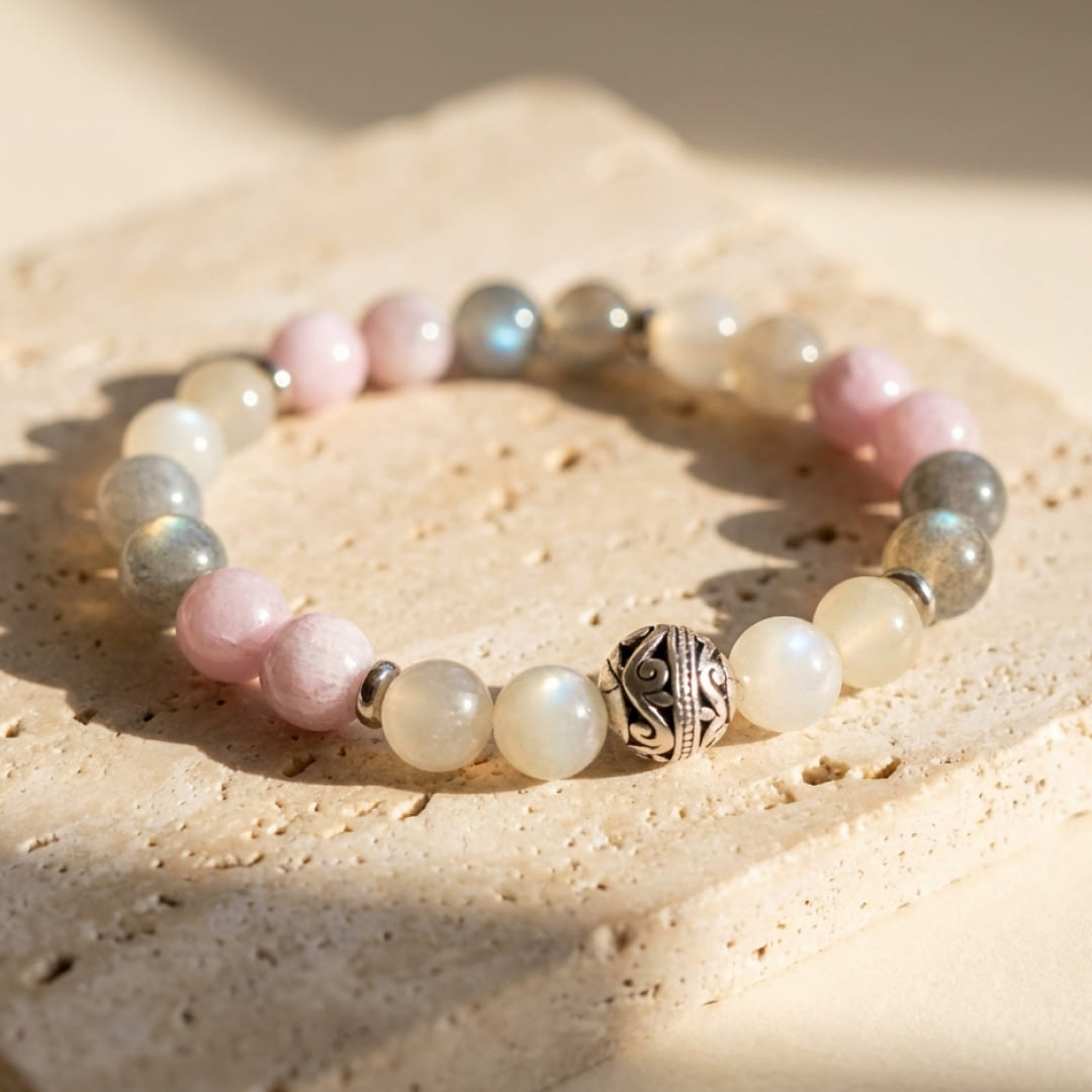 Model wearing the Feminine Softness Bracelet on her wrist - KARMAKIND