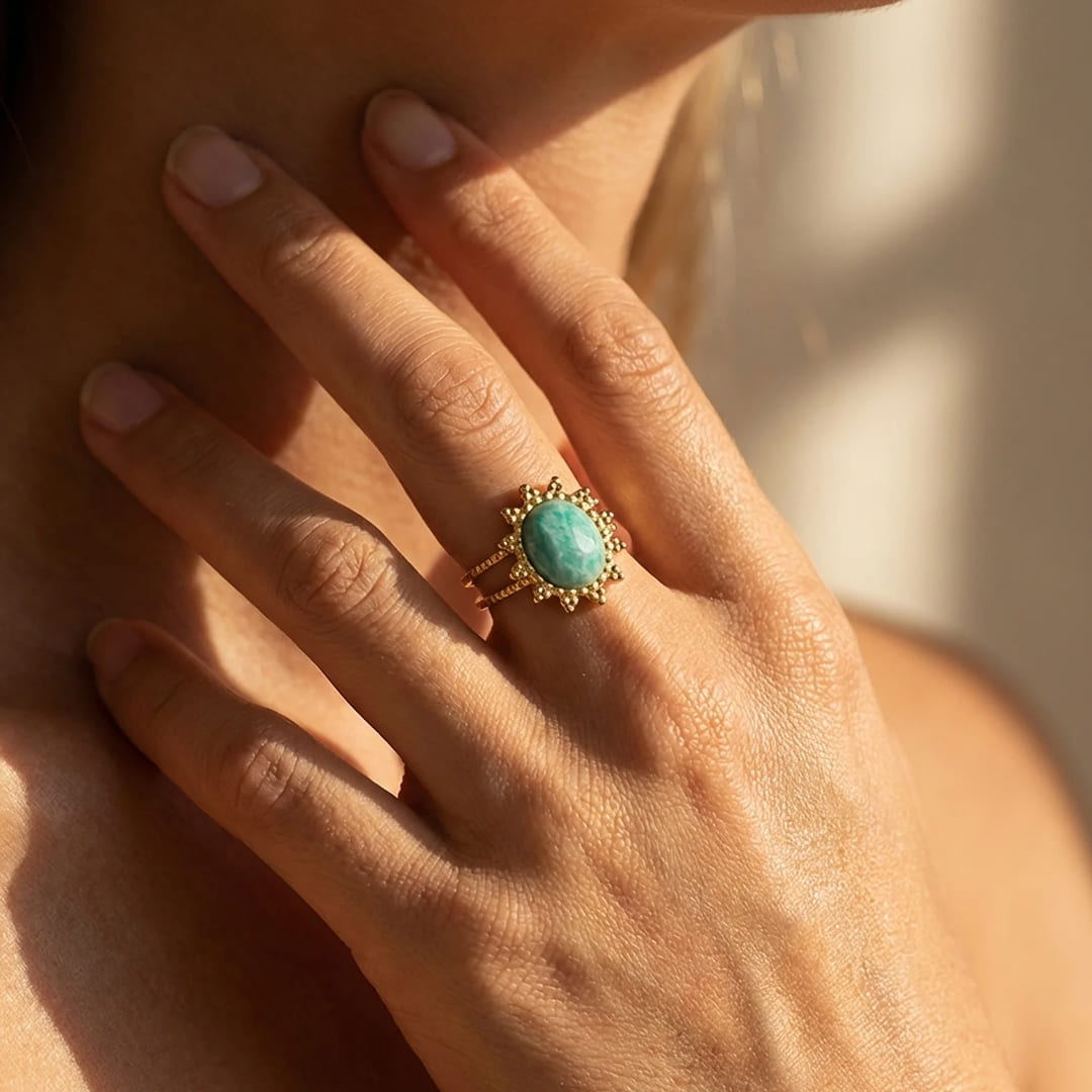 Amazonite Ring with floral setting - KARMAKIND