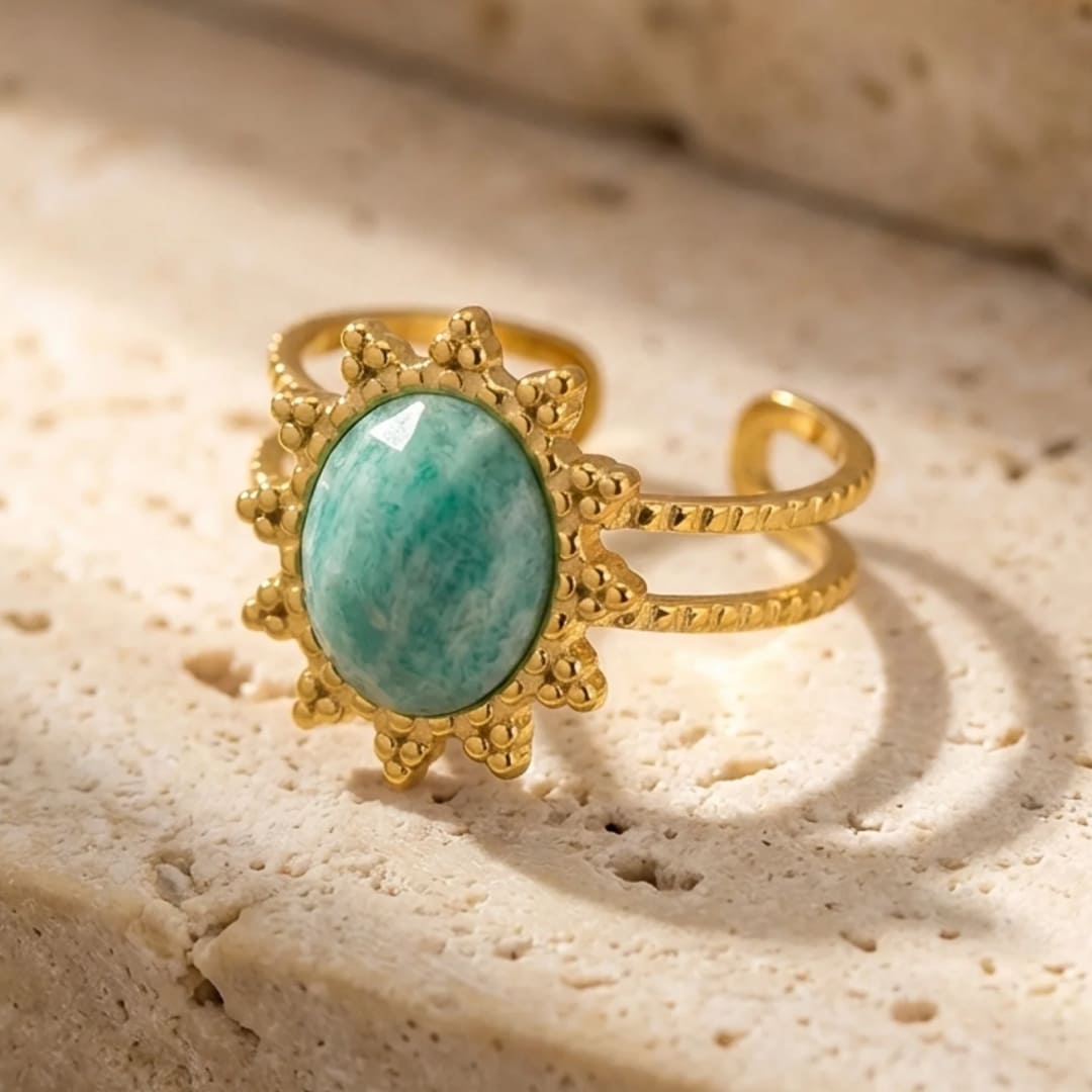Close-up of amazonite stone in ring - KARMAKIND