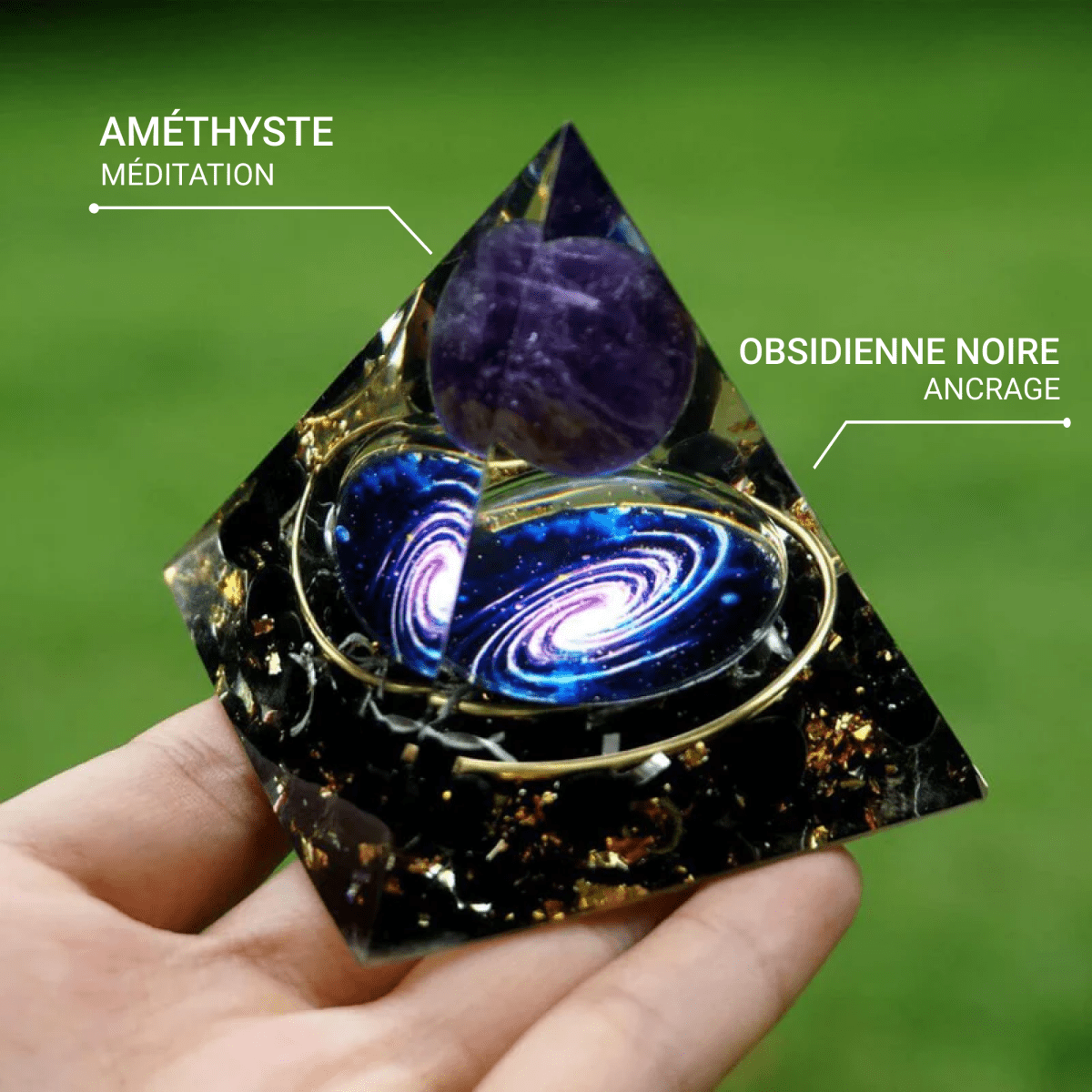 Amethyst sphere centerpiece of the orgonite pyramid