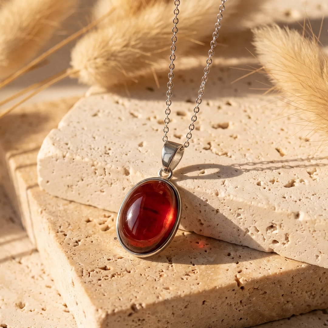 Pendant showing the interplay of light on the Garnet stone - KARMAKIND