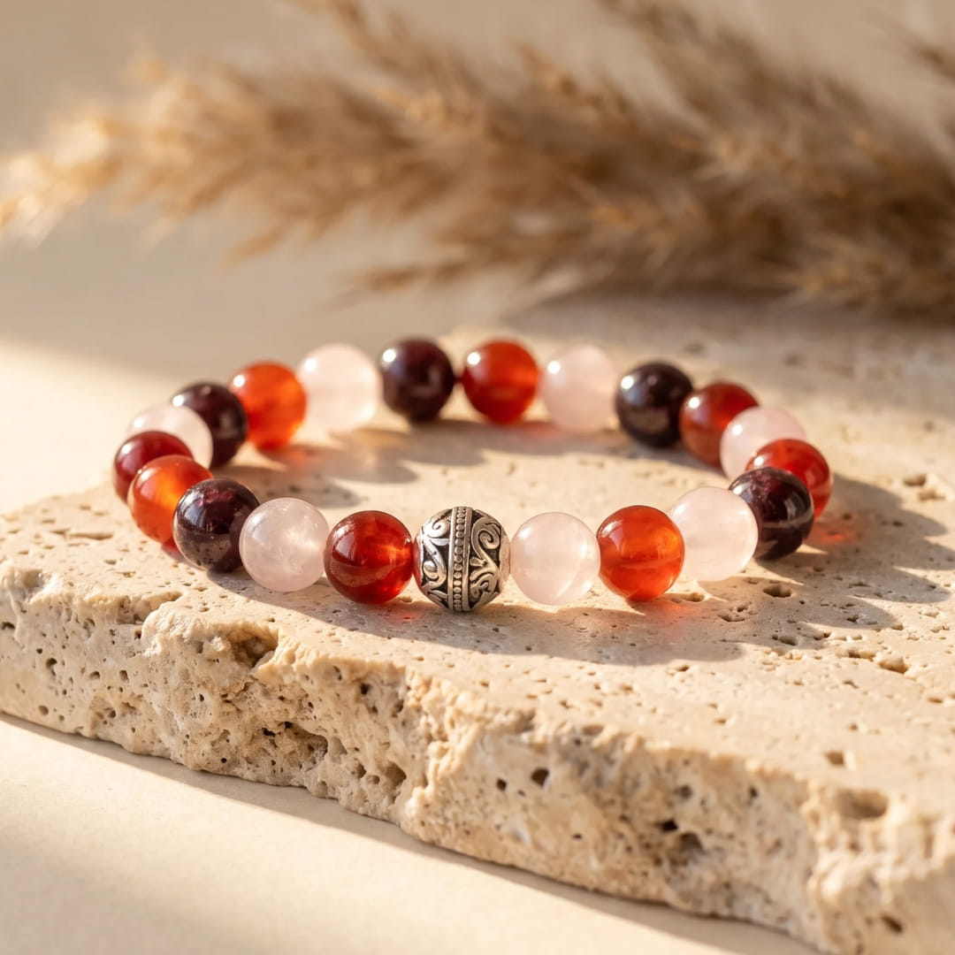 Premium Heart's Strength Bracelet in Garnet Rose Quartz Carnelian - KARMAKIND