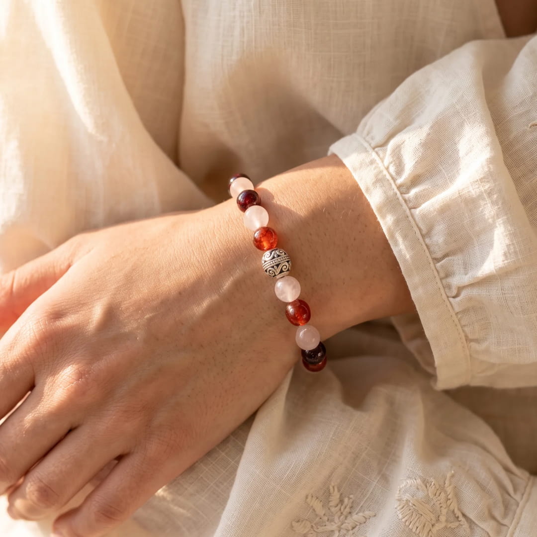 Garnet bead detail on Heart's Strength Bracelet - KARMAKIND