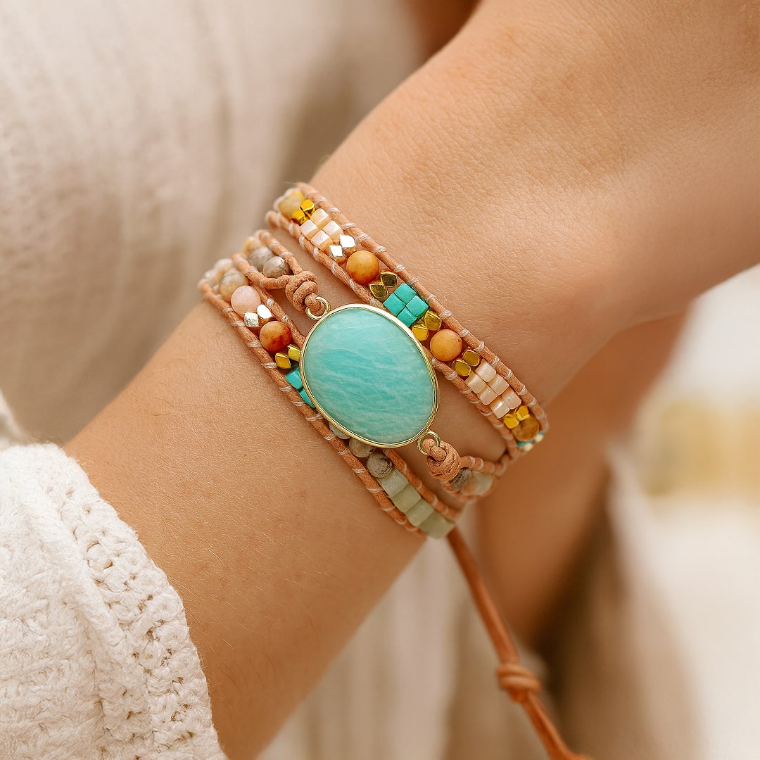Close-up of the amazonite beads on the wrap bracelet - KARMAKIND