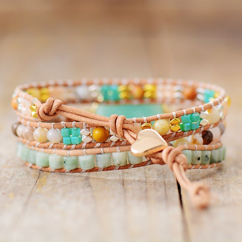 Model wearing the Amazonite Sweetness Wrap Bracelet - KARMAKIND