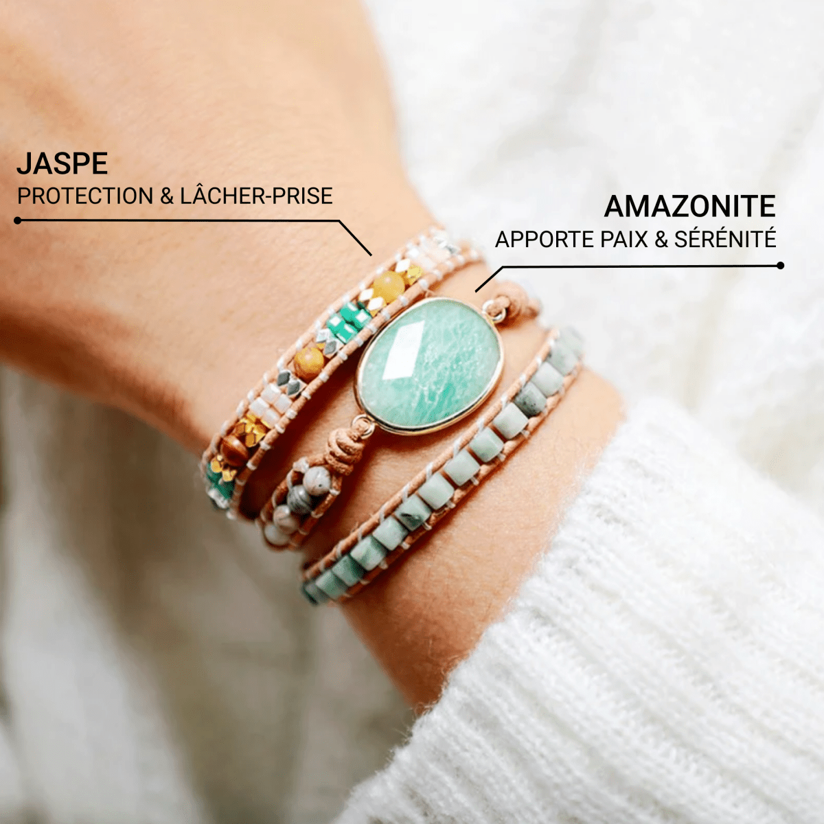 Stack of bracelets including the amazonite one - KARMAKIND