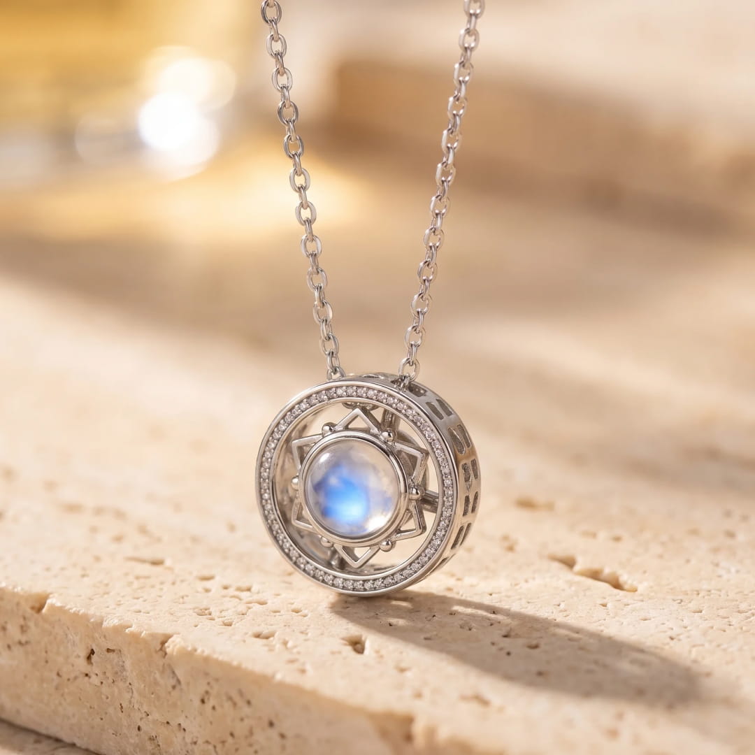 Rotating Moonstone Pendant with milky blue reflections - KARMAKIND