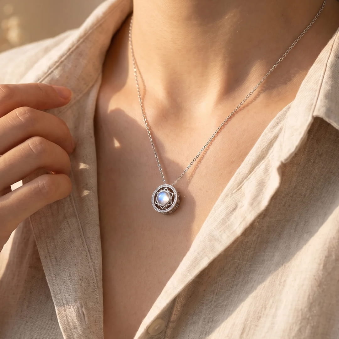 Close-up of the rotating silver motif on the moonstone pendant - KARMAKIND