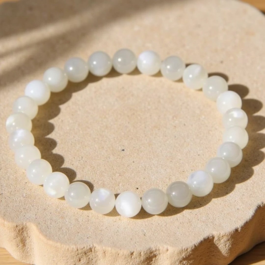 Moonstone bracelet with milky beads and pearly sheen - KARMAKIND