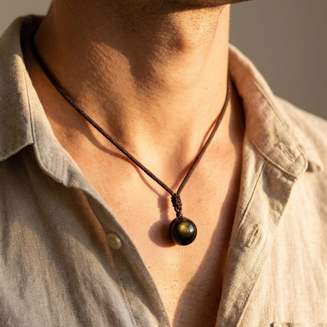Golden Obsidian Sphere Pendant worn by a person - KARMAKIND