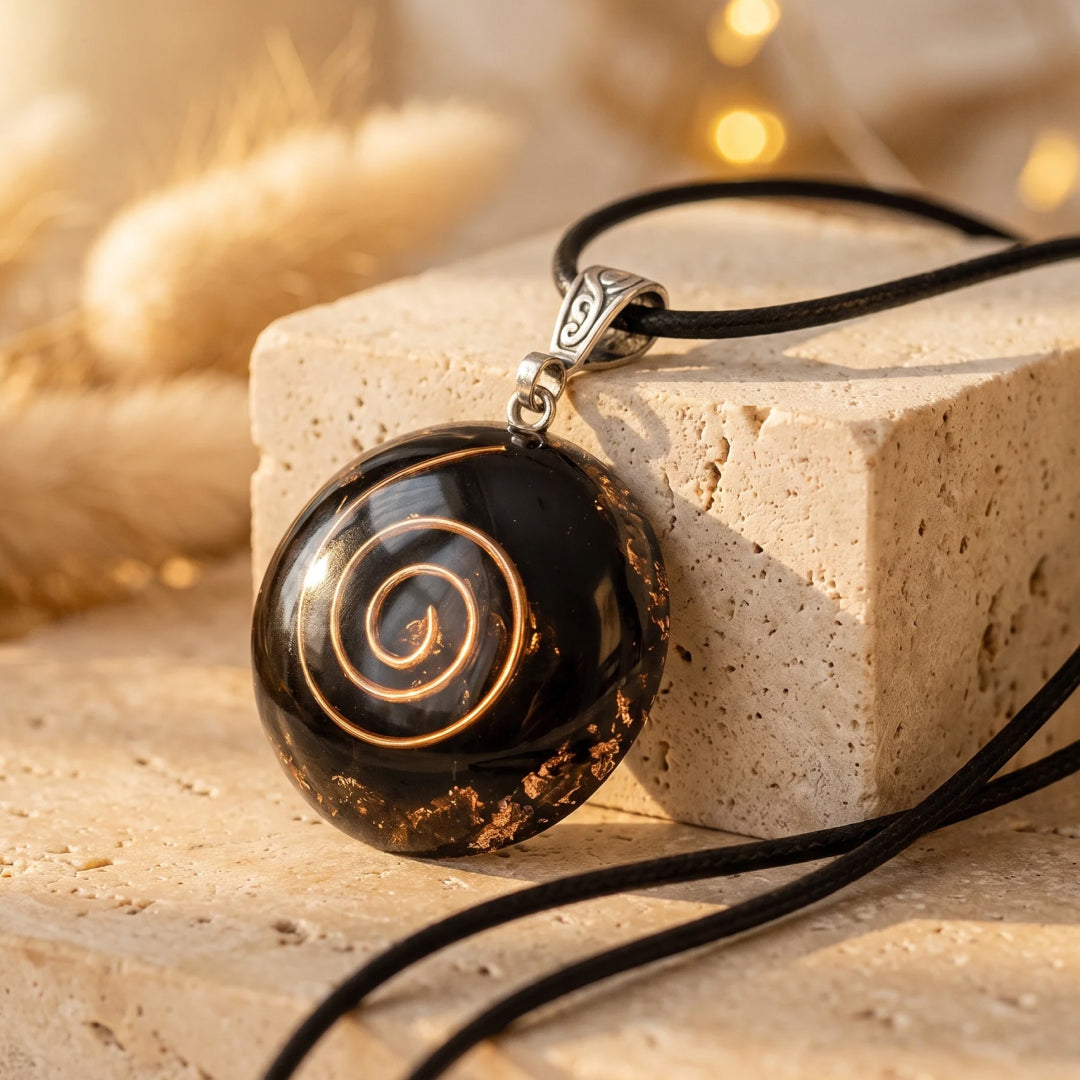 Golden Spiral Orgonite Pendant with Black Obsidian - KARMAKIND