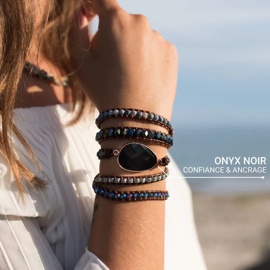 Detail of the golden glints on the onyx wrap bracelet