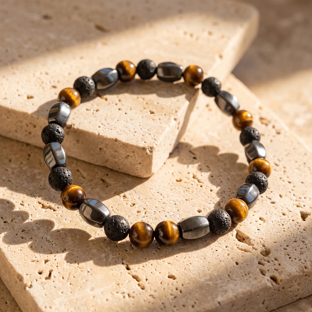 Triple Protection Bracelet with Lava Stone, Tiger's Eye & Hematite - KARMAKIND