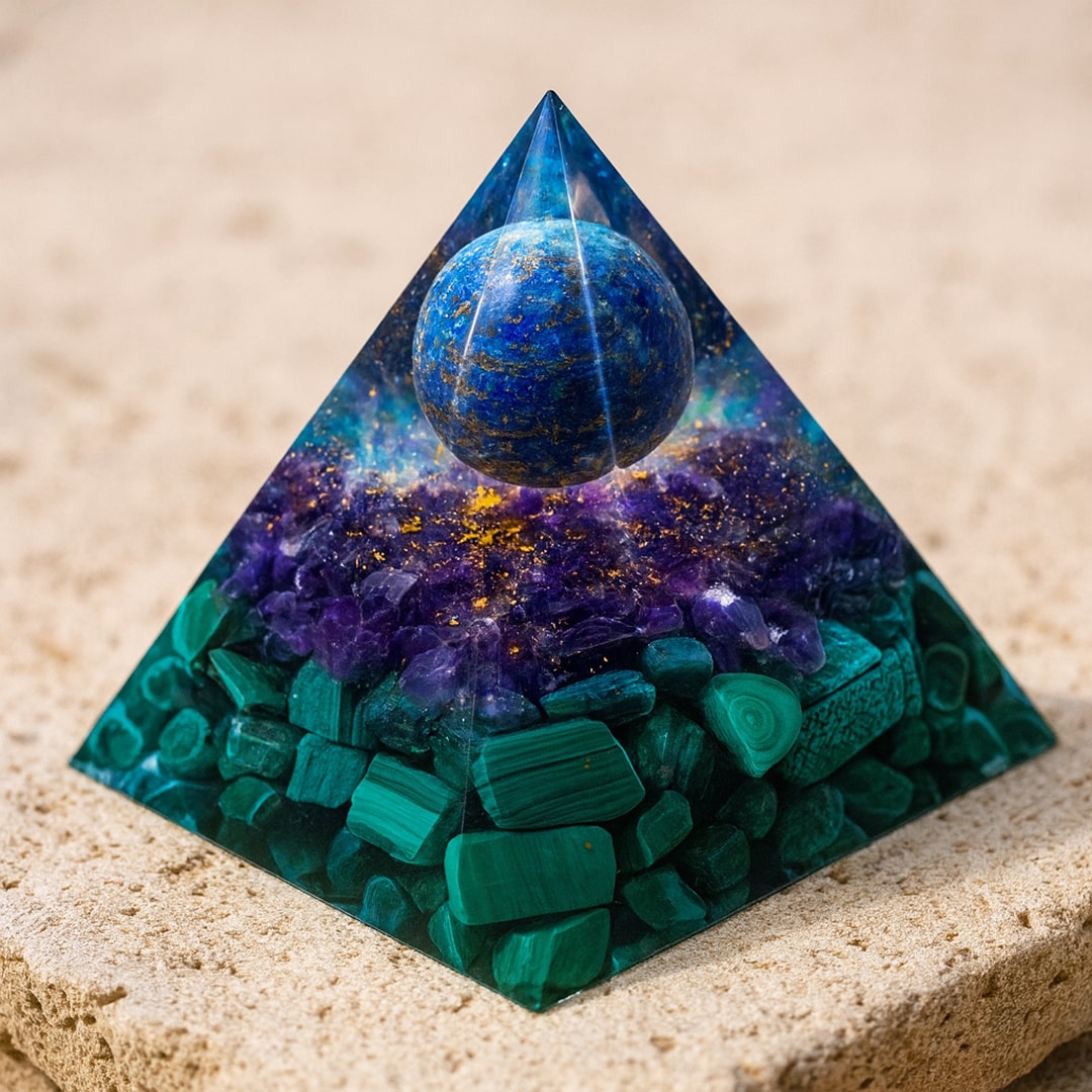 Kâli Orgonite pyramid with Lapis Lazuli, Amethyst, and Malachite - KARMAKIND