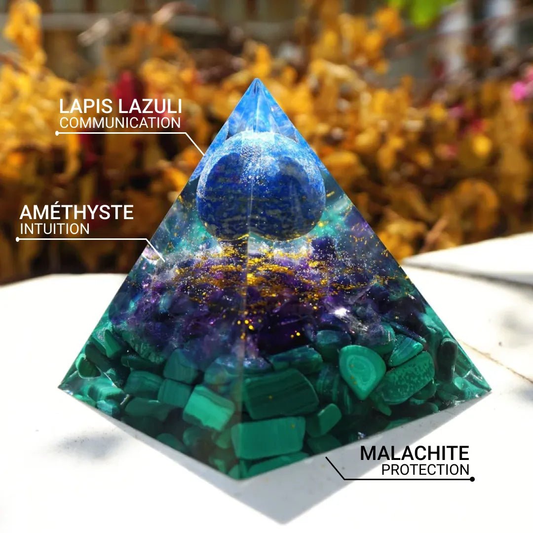 Deep green Malachite waves at the base of the orgonite pyramid - KARMAKIND