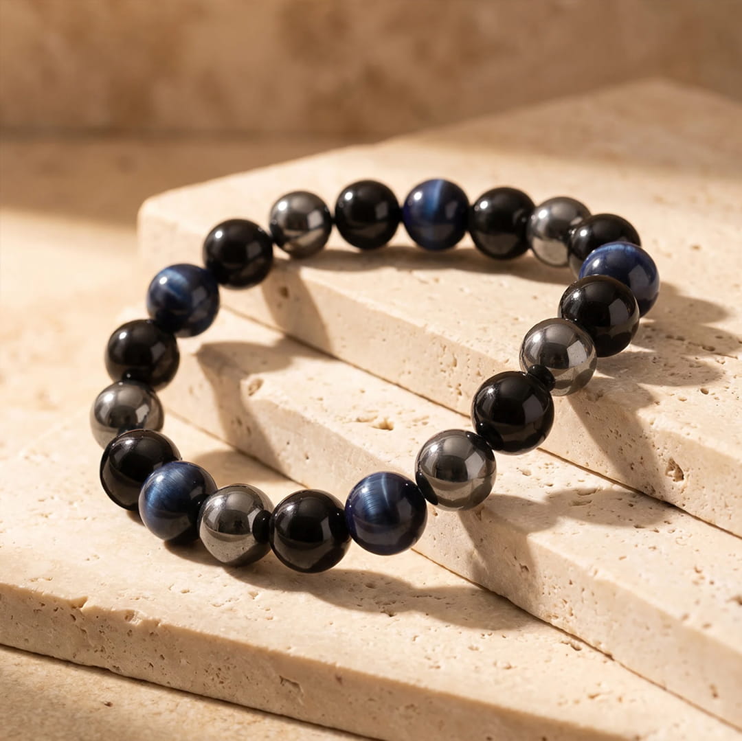 "Sure Course" Bracelet with Hematite, Black Tourmaline & Blue Tiger's Eye - KARMAKIND