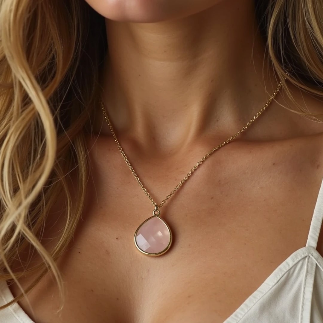 Close-up of the delicate pink hue of the Rose Quartz pendant - KARMAKIND