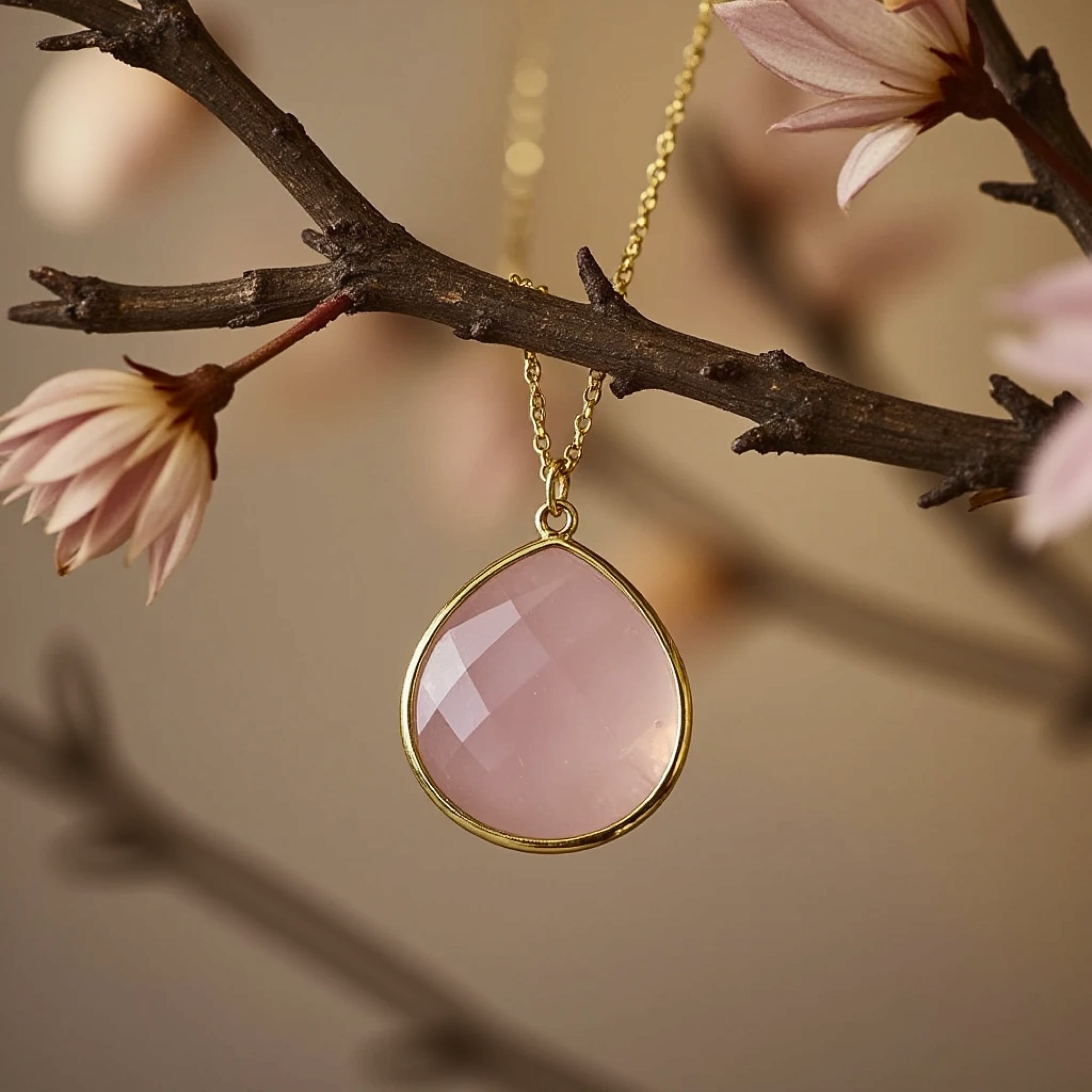 The Rose Quartz pendant catching the light beautifully - KARMAKIND