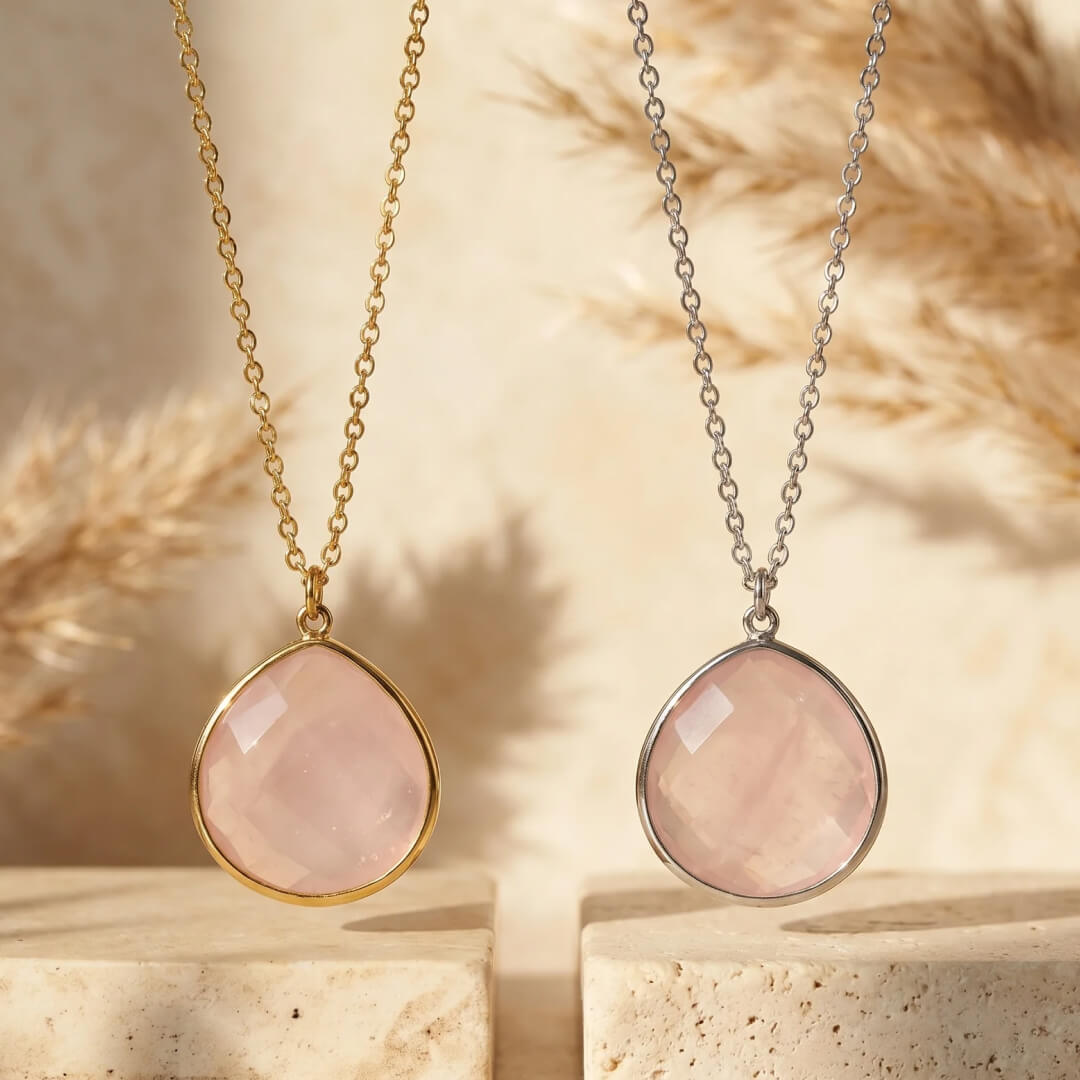 A lifestyle shot showcasing the Rose Quartz pendant - KARMAKIND