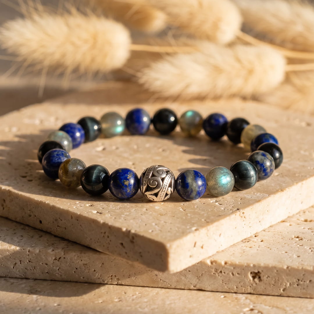Inner Compass Bracelet in Lapis Lazuli, Labradorite & Hawk's Eye - KARMAKIND