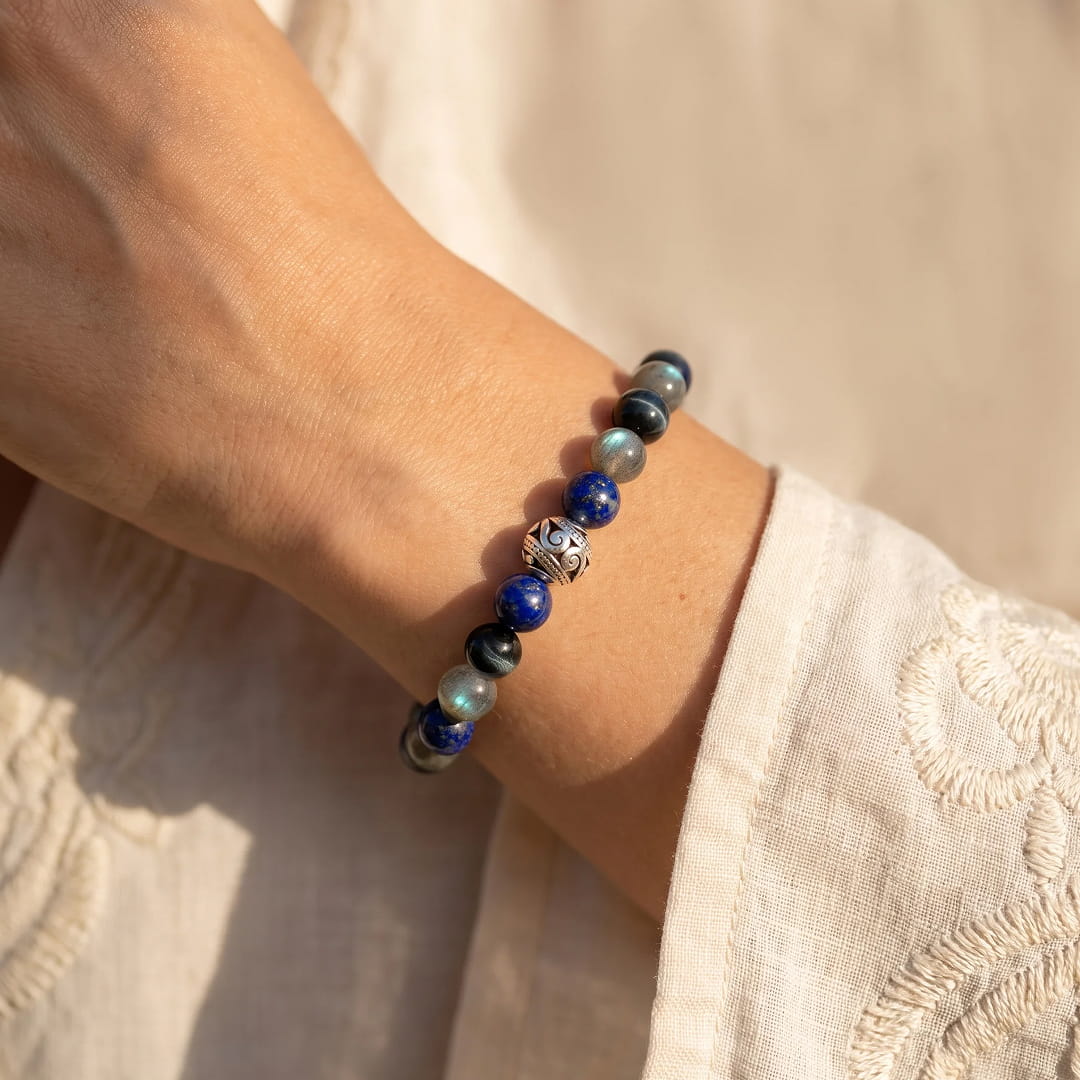 Close-up of Lapis Lazuli beads on the Inner Compass Bracelet - KARMAKIND