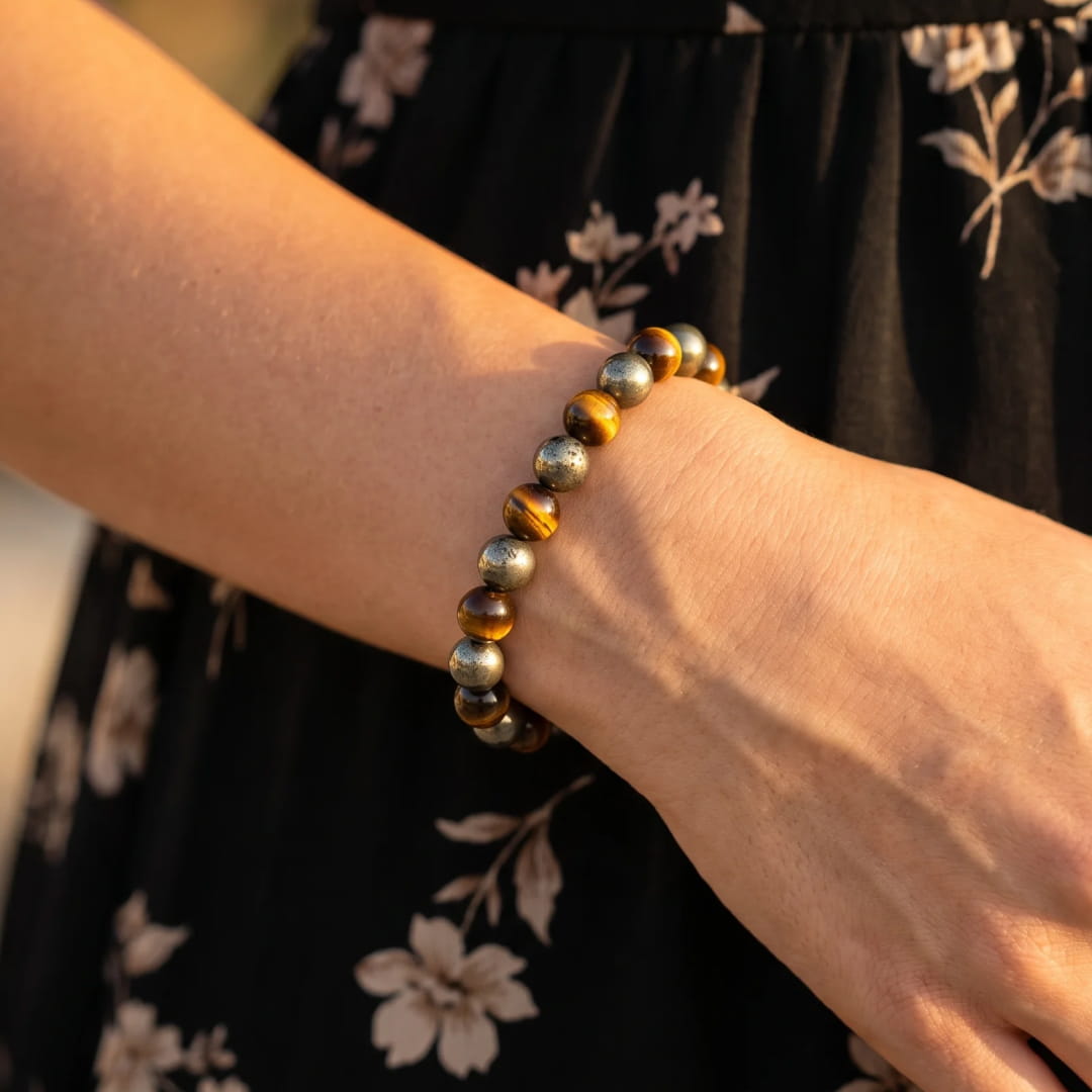 Close-up of the "Inner Fire" bracelet showcasing pyrite and tiger's eye stones - KARMAKIND