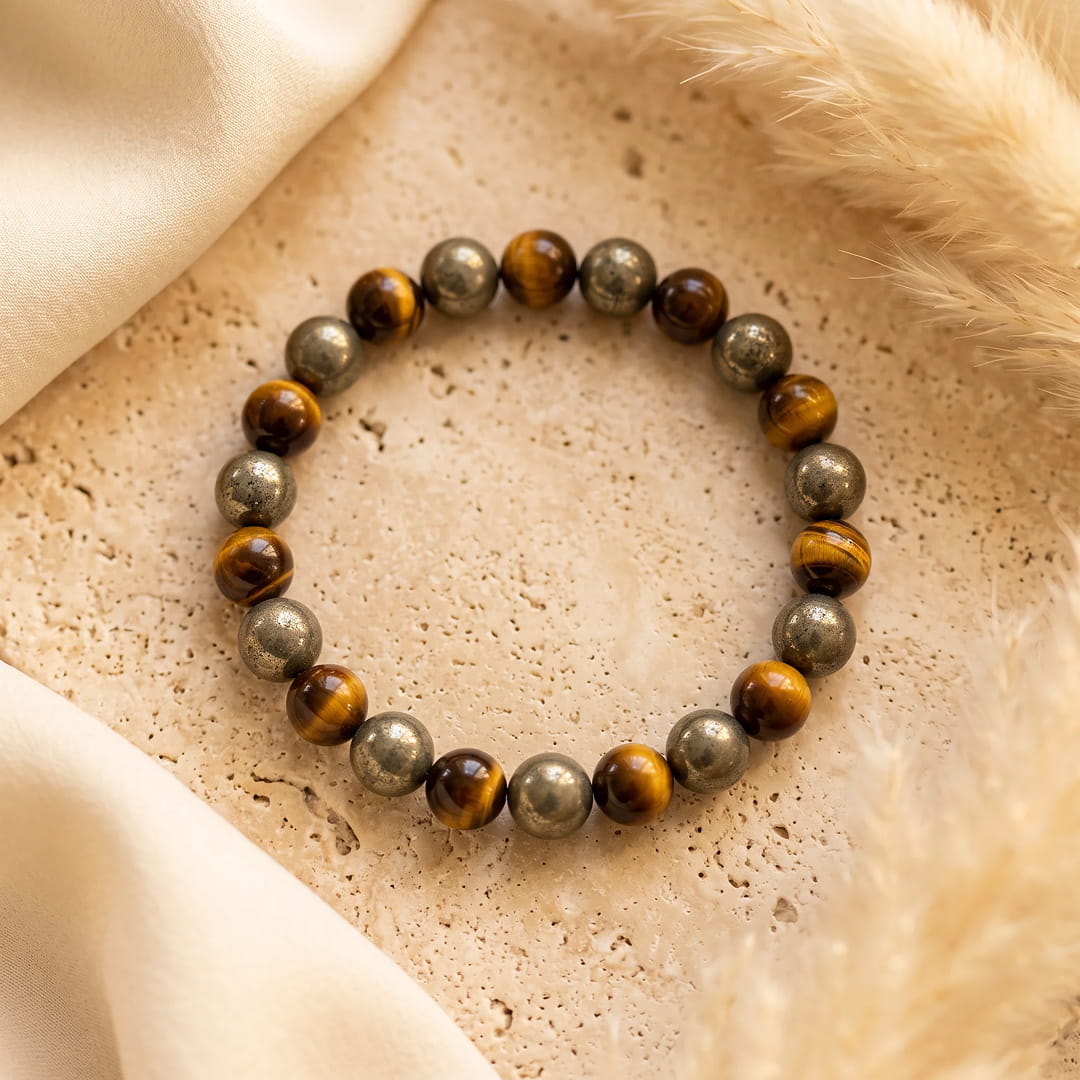 The golden reflections of tiger's eye in the "Inner Fire" bracelet - KARMAKIND