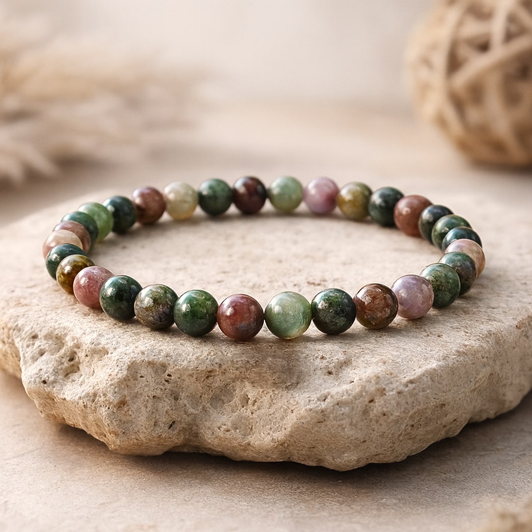 Inner Peace Indian Agate Bracelet with green and brown beads - KARMAKIND