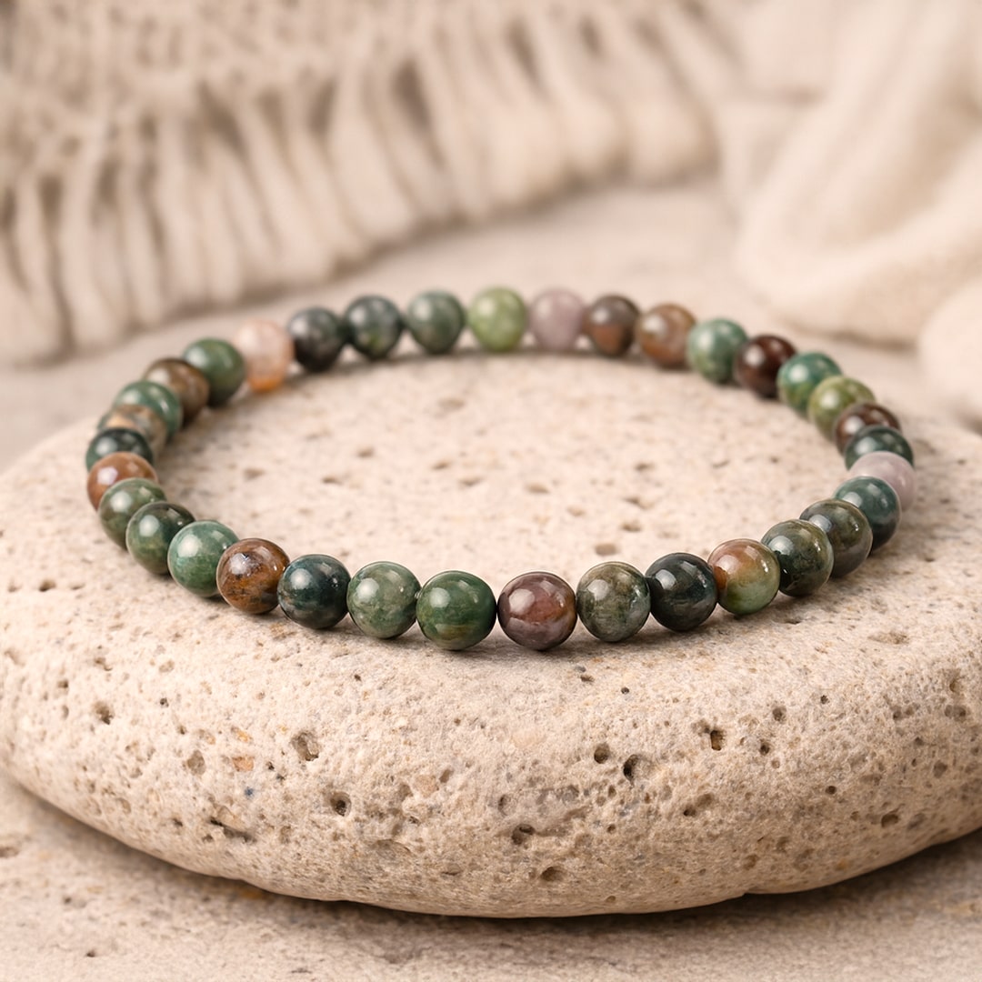 Lifestyle shot of the Indian Agate Bracelet on a wrist - KARMAKIND