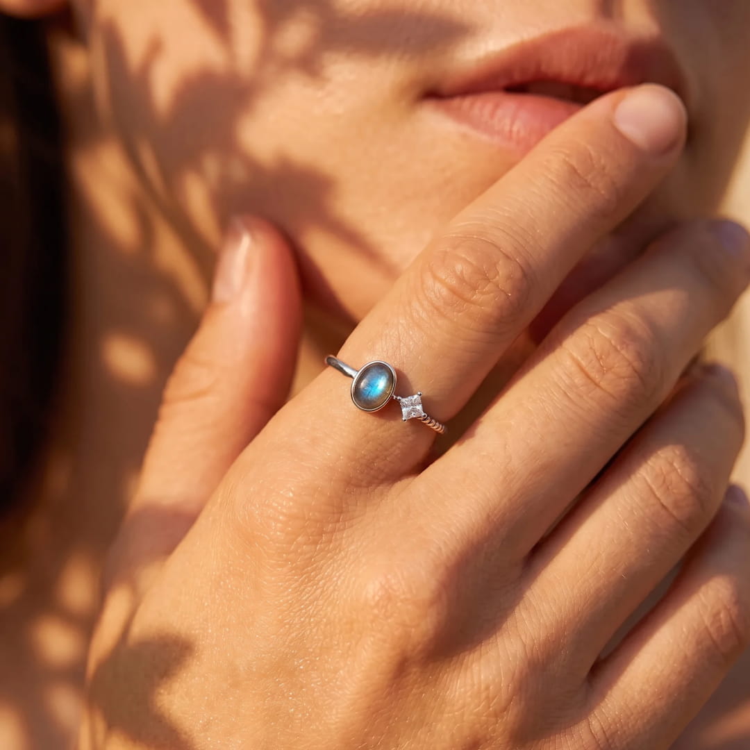 Close-up of the ring showcasing the labradorite stone - KARMAKIND