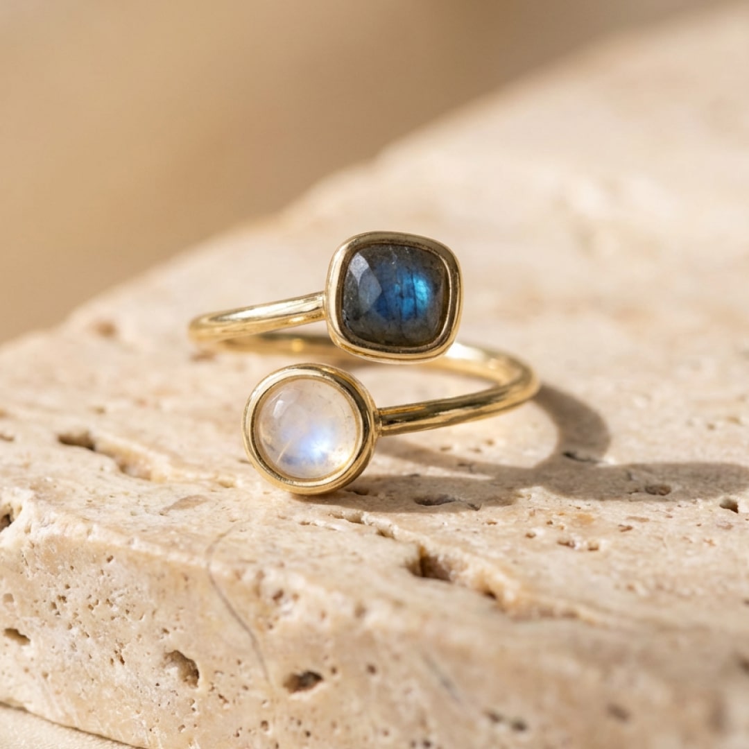 Isha Adjustable Labradorite and Moonstone Ring - KARMAKIND