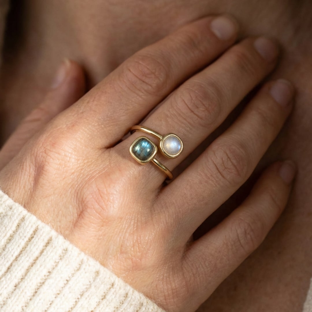 Close-up of the Isha adjustable ring with Labradorite and Moonstone - KARMAKIND