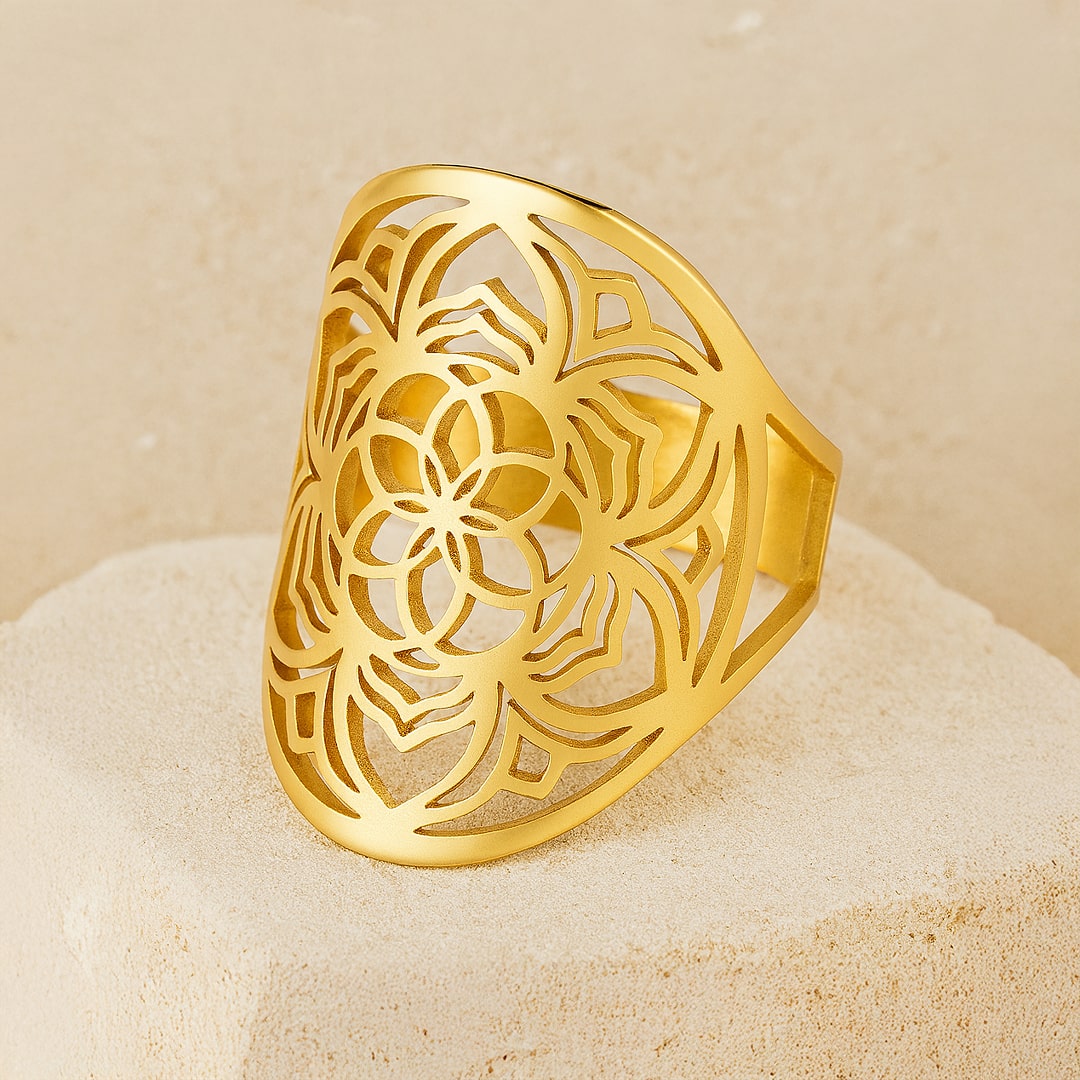Adjustable Mandala Flower of Life Ring in silver - KARMAKIND