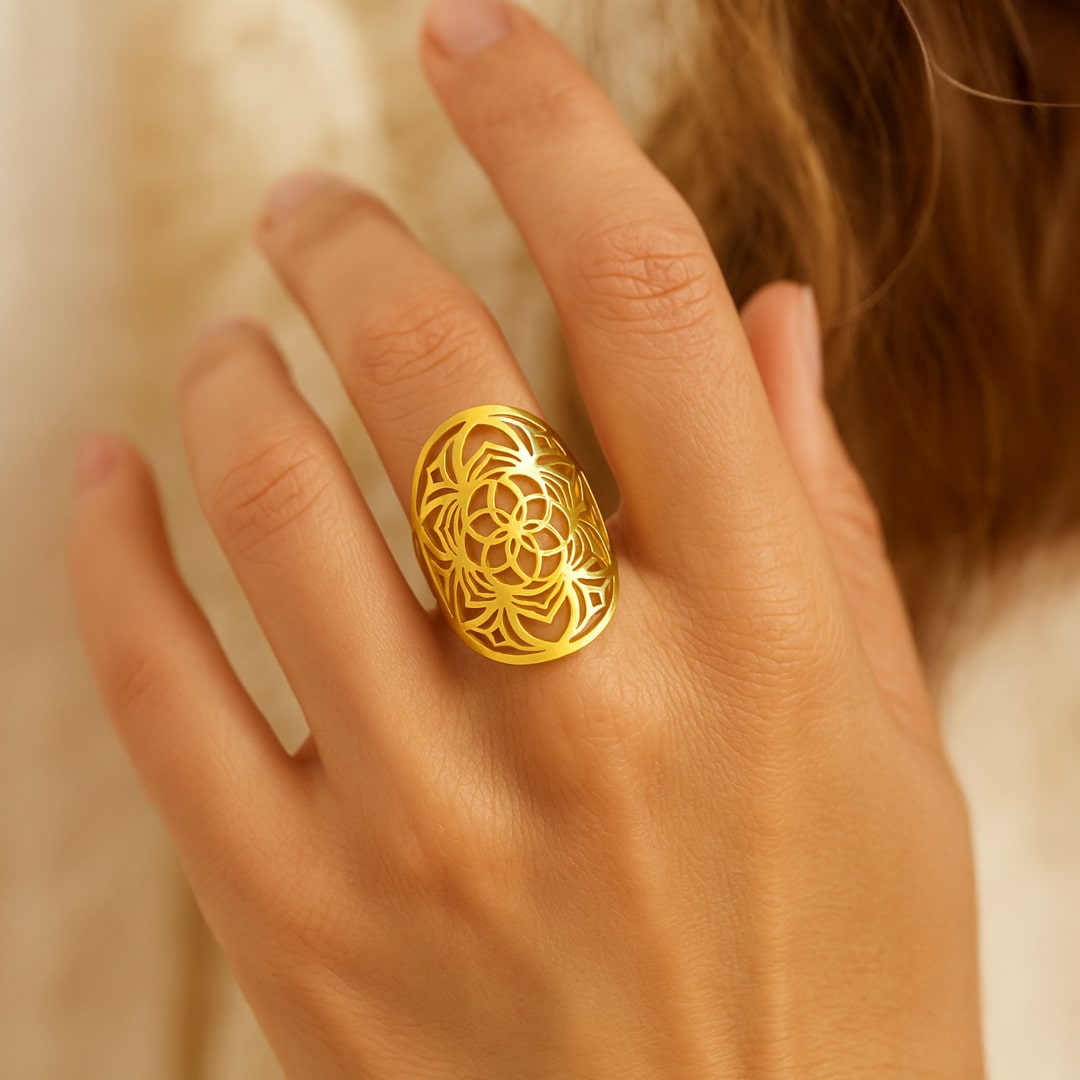 Close-up of the intricate lace-like petal design on the ring - KARMAKIND