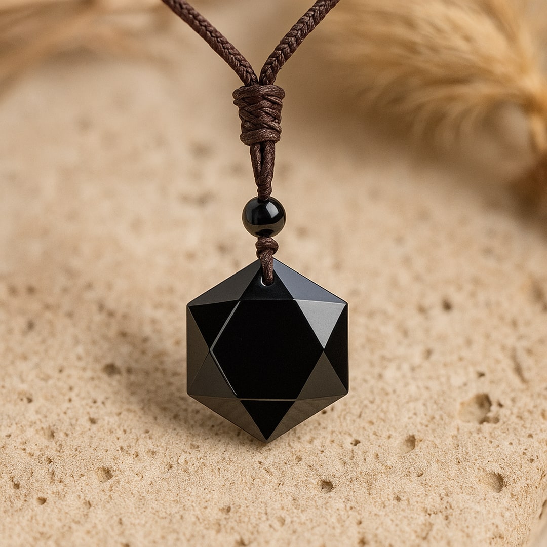Black Obsidian Star Pendant on braided cord - KARMAKIND