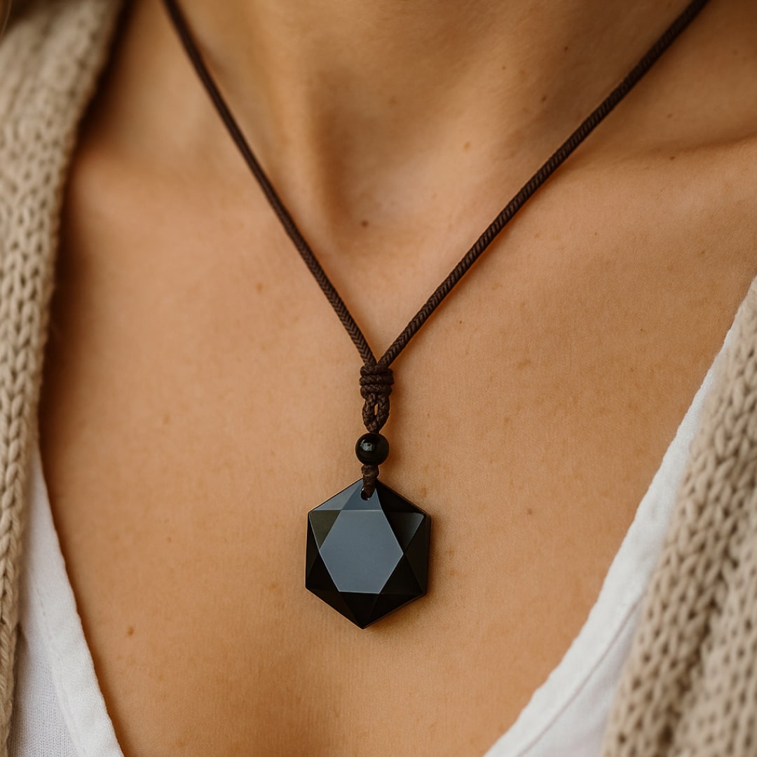 Close-up of faceted black obsidian star pendant - KARMAKIND