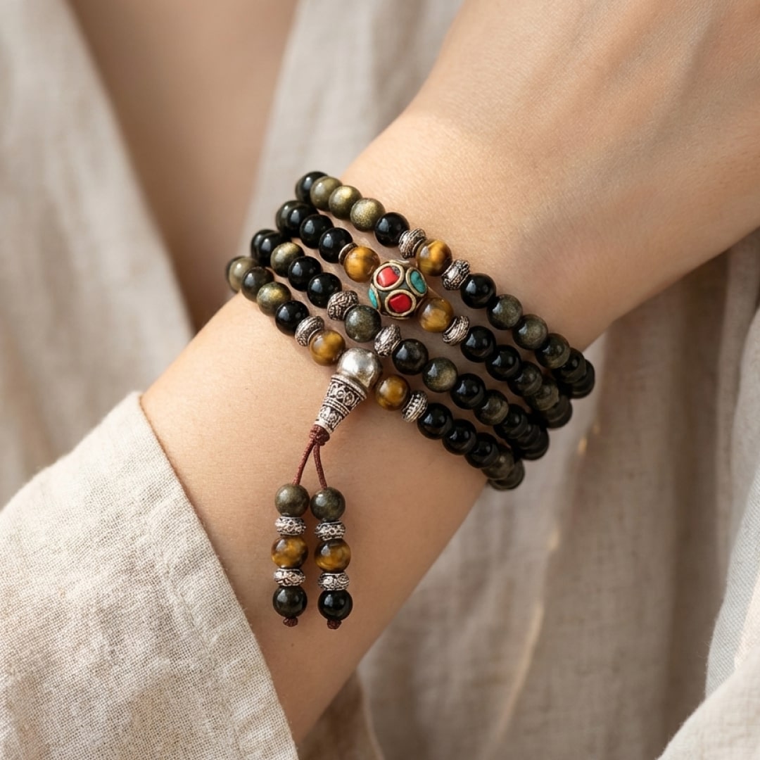 Close-up of the central bead on the black obsidian mala bracelet