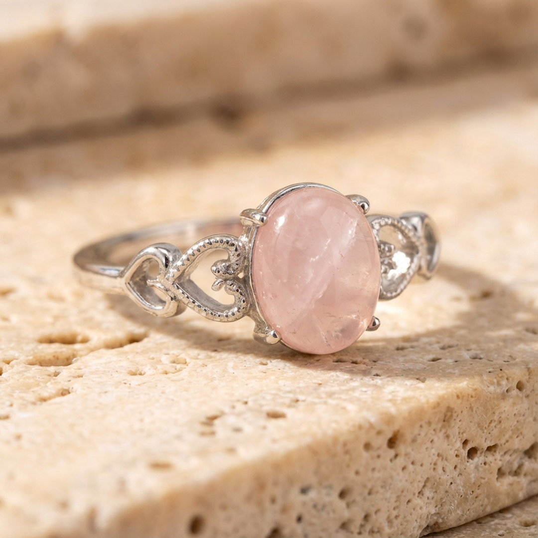 Adjustable Rose Quartz Ring in soft pink - KARMAKIND