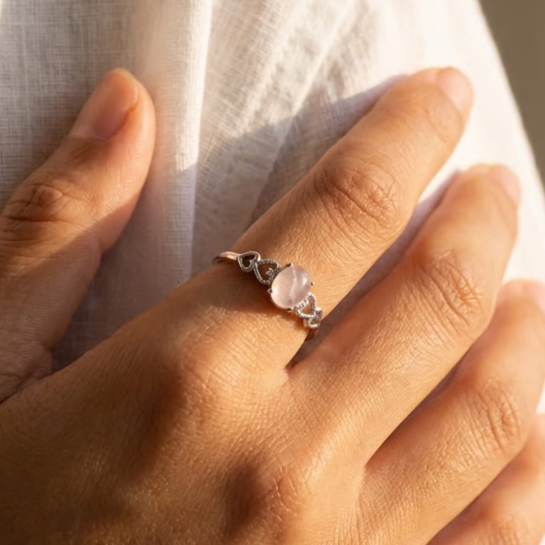 Close-up of the rose quartz stone on the ring - KARMAKIND