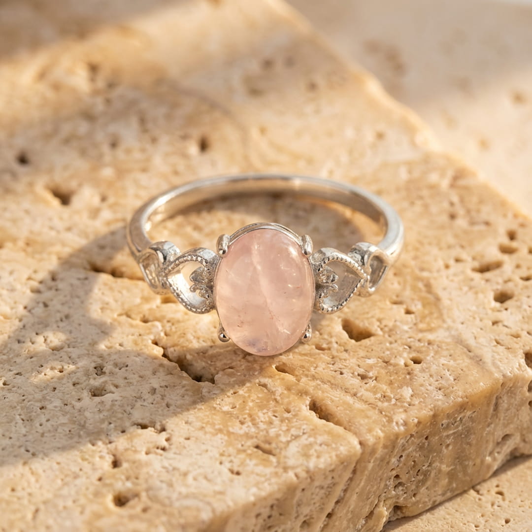 Side view of the rose quartz ring band - KARMAKIND