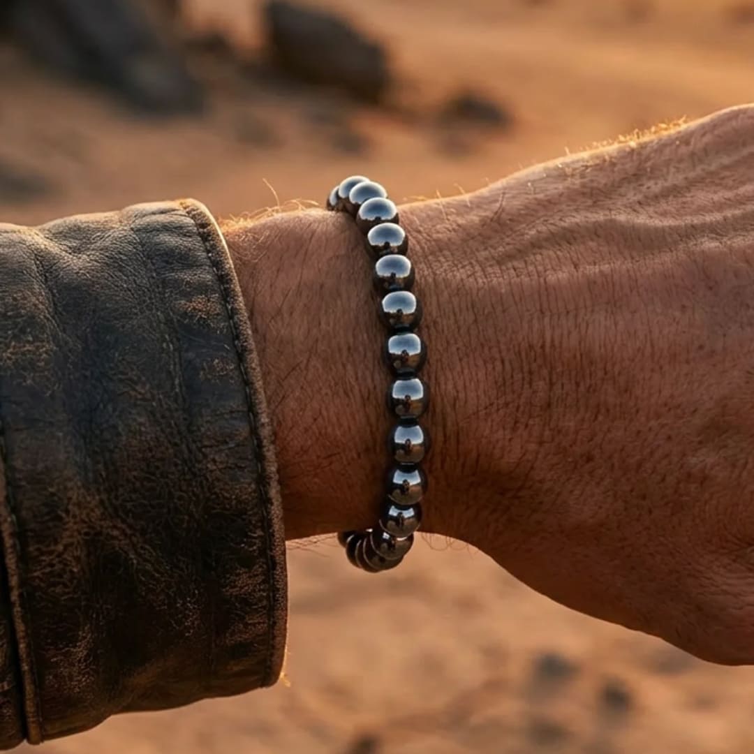 Close-up of "Anchoring Symbol" Hematite Bracelet beads - KARMAKIND