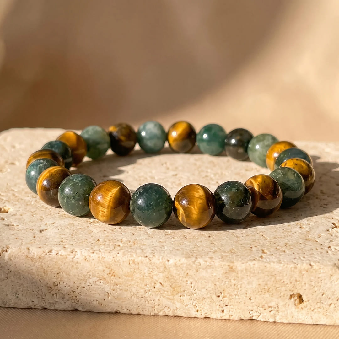 Tiger's Eye and Moss Agate protection bracelet for men with golden and green beads - KARMAKIND