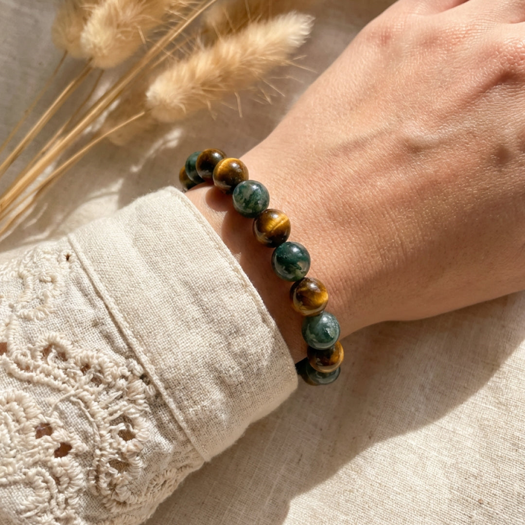 Close-up of the grounding Tiger's Eye and Moss Agate bracelet - KARMAKIND