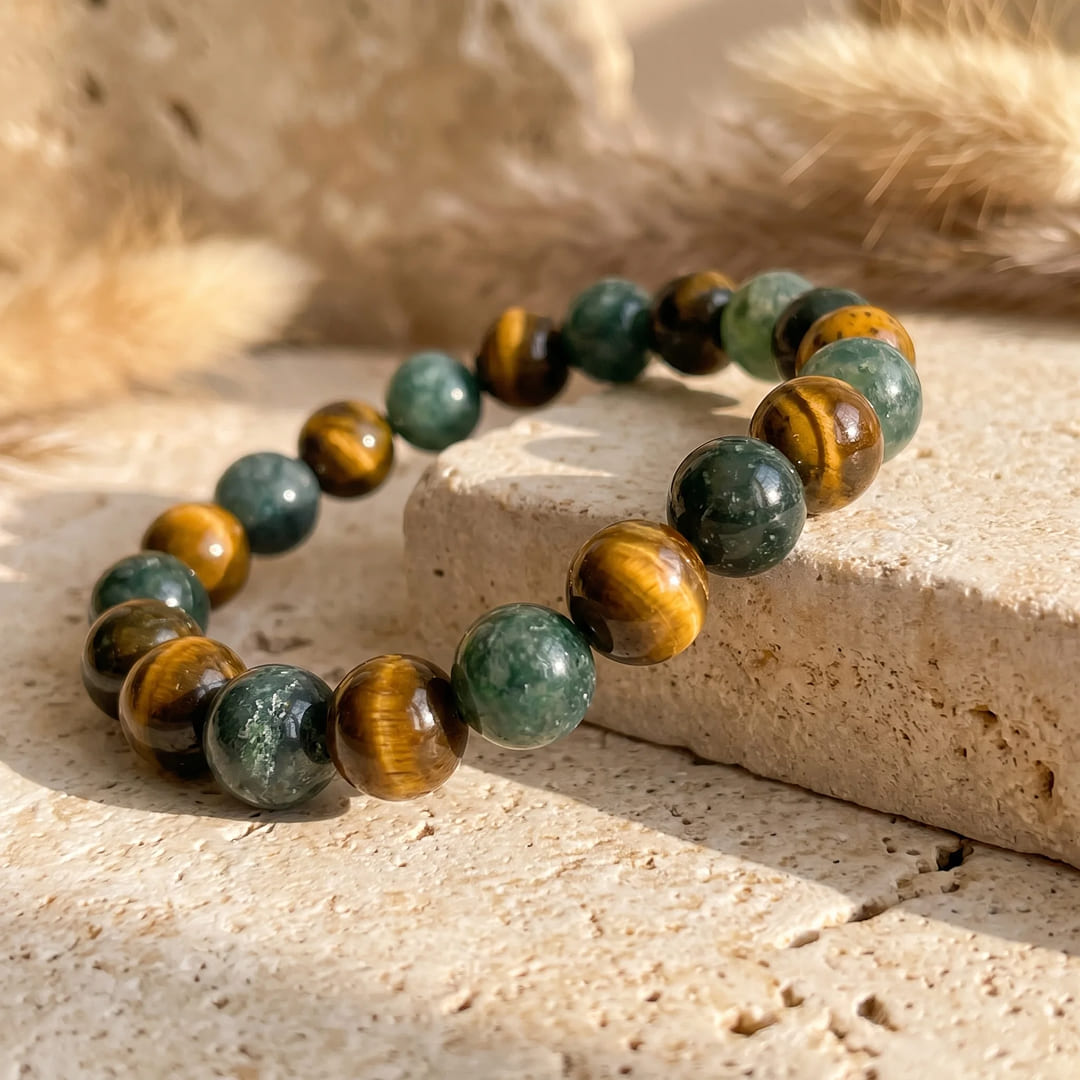 Detail shot showing the natural patterns in the Moss Agate stones - KARMAKIND